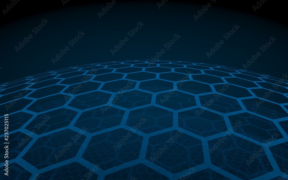 Multilayer sphere of honeycombs, blue on a dark background, social network, computer network, technology, global network. 3D illustration Multilayer sphere of honeycombs, blue on a dark background, social network, computer network, technology, global network. 3D illustration