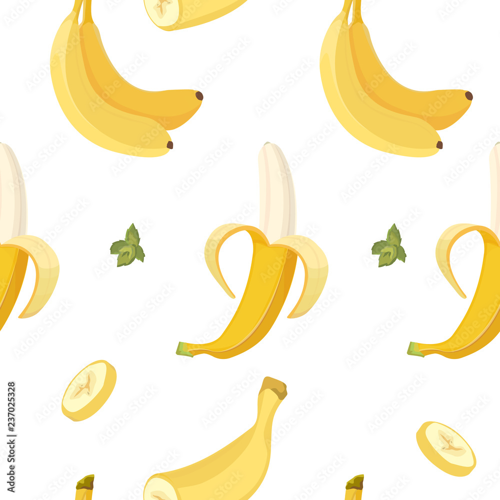Banana vector seamless pattern. Organic yellow fruit background white.