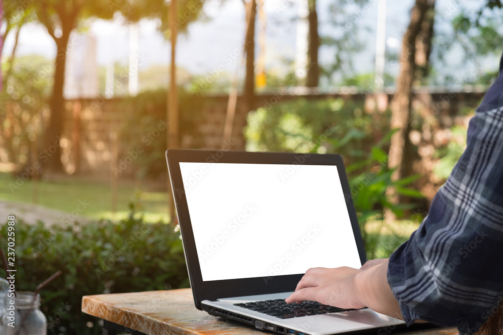 Woman used computer laptop mock up on screen, business freelance, concept idea, copy space Woman used computer laptop mock up on screen, business freelance, concept idea, copy space