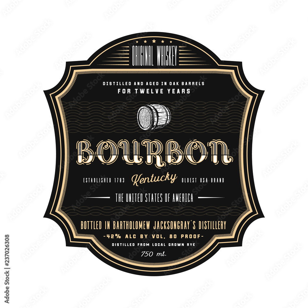 Fotografie Vintage frame whiskey label design, vector beverage bourbon logo label