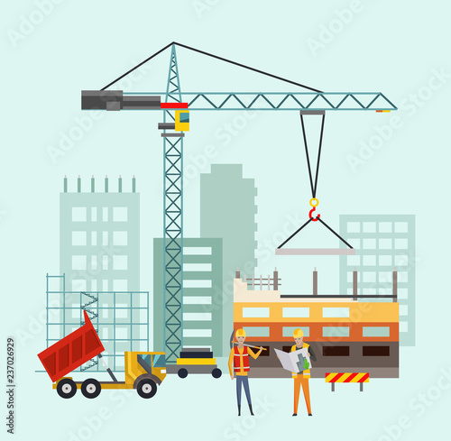 Builders on the construction site. Building work process with houses and construction machines. Vector illustration with people.