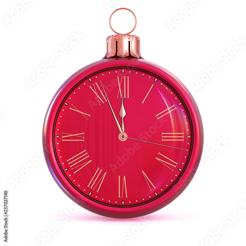 NEW YEAR TIME! Happy wintertime party holidays beginning. 12 clock midnight last hour countdown pressure. Christmas ball decoration ornament red gold bauble concept. 3d rendering