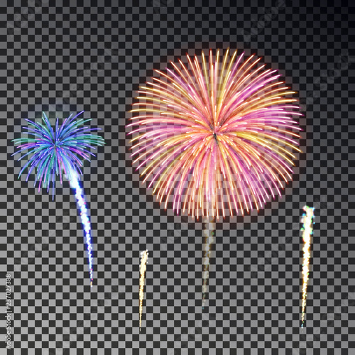 Festive fireworks set. Christmas firecracker light effect isolated on dark background. Firework deco