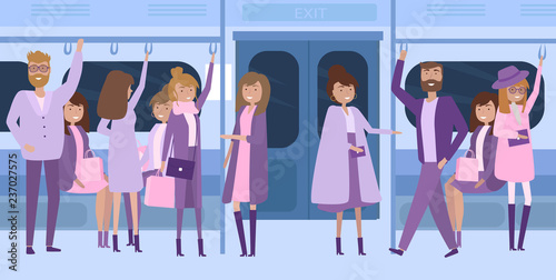 People inside a subway train. Passengers of the underground. People and public transport. Editable vector illustration