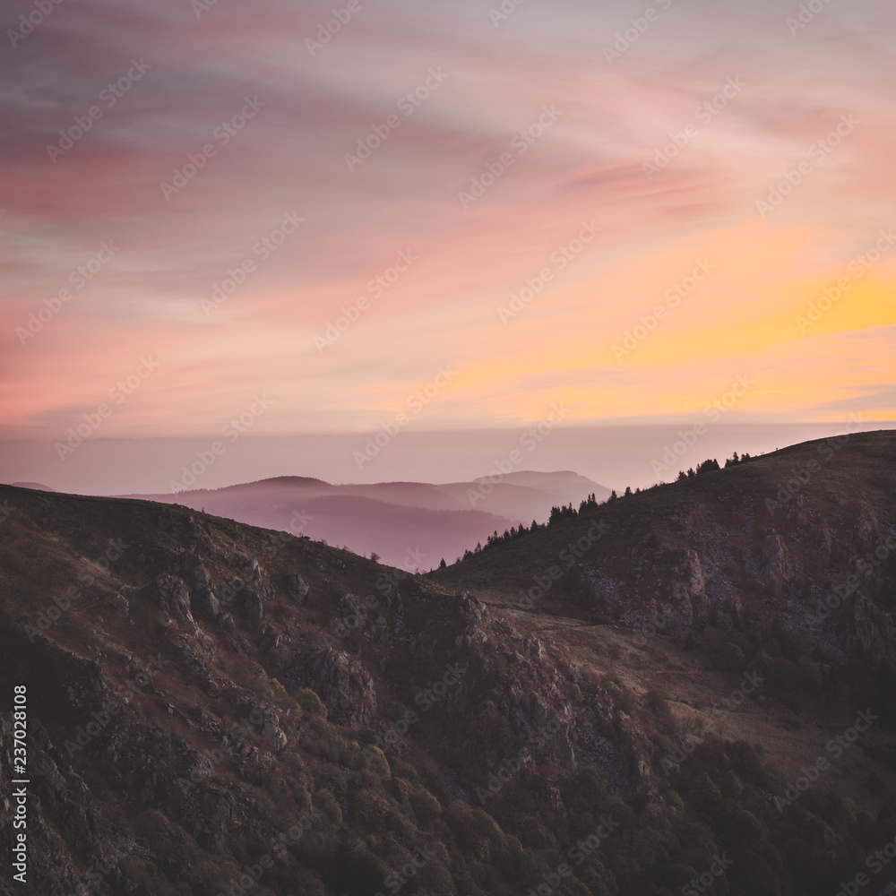 colorful morning view over vosges mountains in france