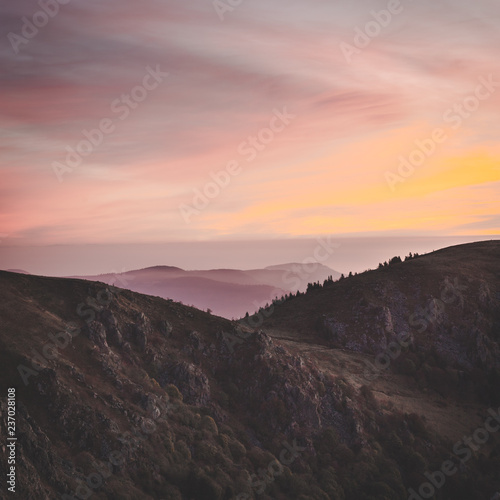 colorful morning view over vosges mountains in france