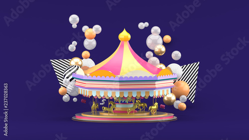 Carousel among colorful balls on purple background.-3d render.