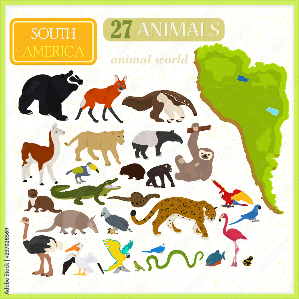 Set of animals of South America. Map of South America. Stock Vector | Adobe  Stock