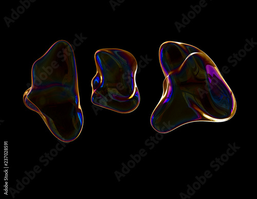 Rainbow soap bubbles with glares on black background. Transparent colored soap bubbles with pink reflection set.