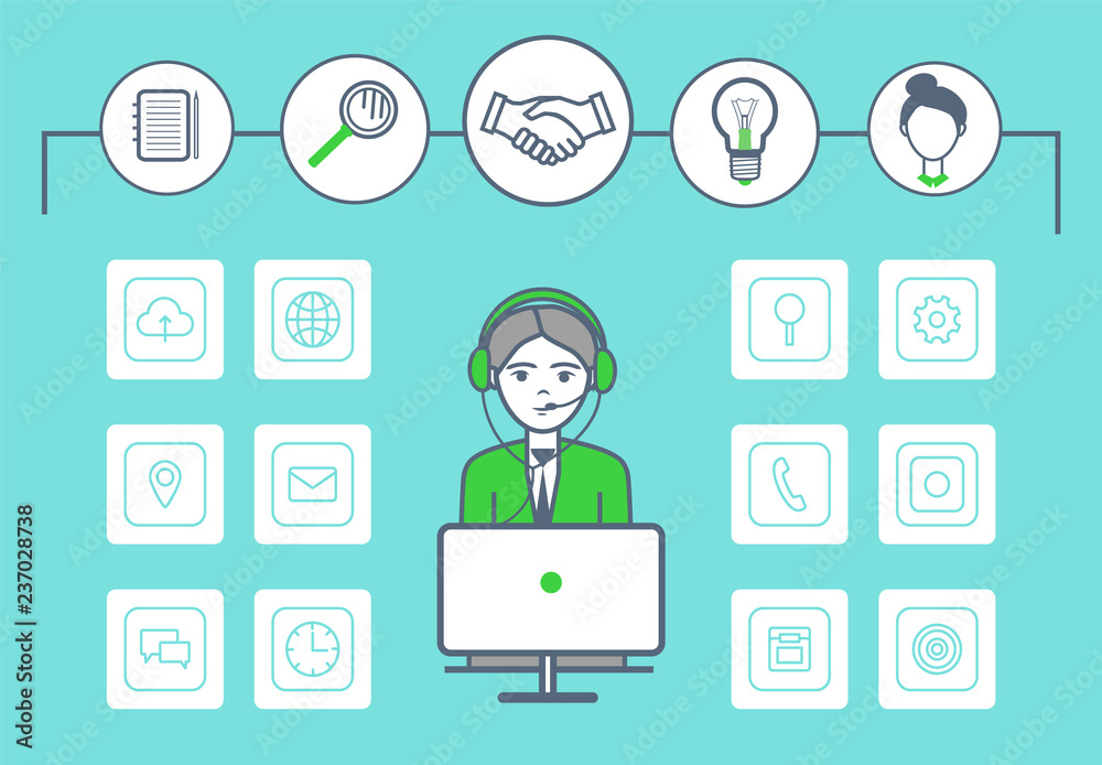 Male Working in Call Center and Icons Set Vector