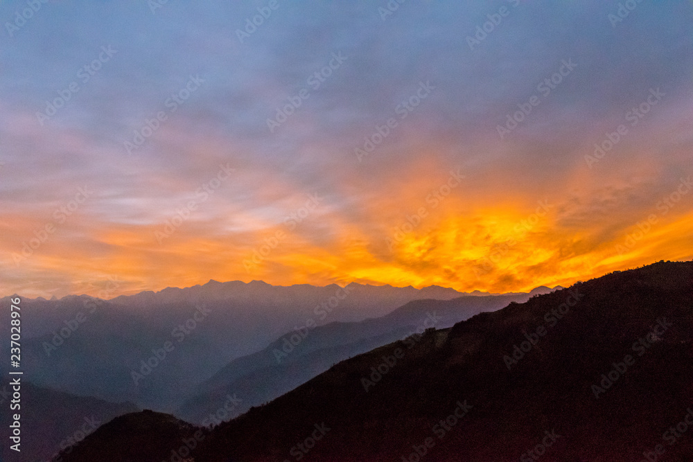 sunrise over Pir Panjal Range, sunrise over the himalayas, first rays of the sun