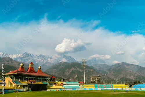 World's highest altitude international cricket stadium, HpCA Cricket Stadium with Dhauladhar Range surrounding it. Kangra Valley