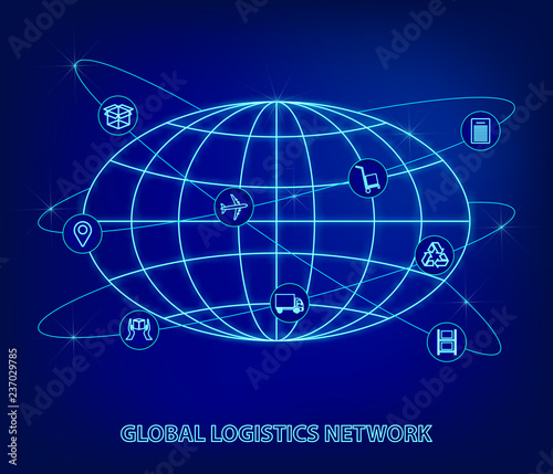 Global logistics network. Map global logistics partnership connection. Globe and logistics icons in the form of satellites in neon style.  Flat design. Vector illustration EPS10.