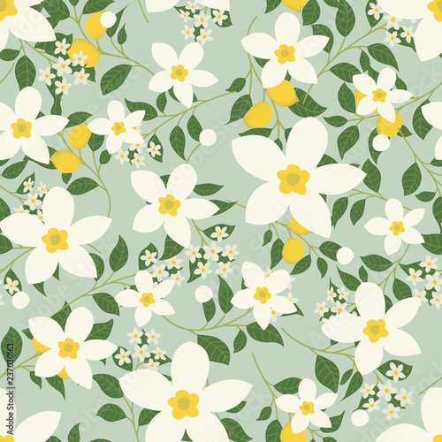 Floral vector artwork for apparel and fashion fabrics, Lemon flowers wreath ivy style with branch and leaves. Seamless patterns background.