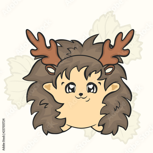 Cute Christmas cartoon hedgehog character in with antler vector image. Funny hedgehog Children's Xmas design. Merry Christmas and Happy New Year Greeting card image. Hedgehog- deer. Reindeer costume. 