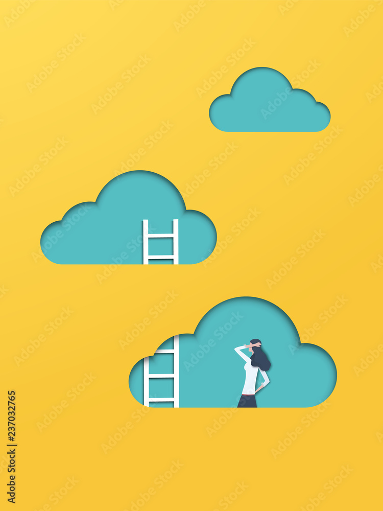 Business career corporate ladder climbing vector concept with businessman figure. Symbol of promotion, opportunity, challenge, achievement, motivation, ambition, - obrazy, fototapety, plakaty 