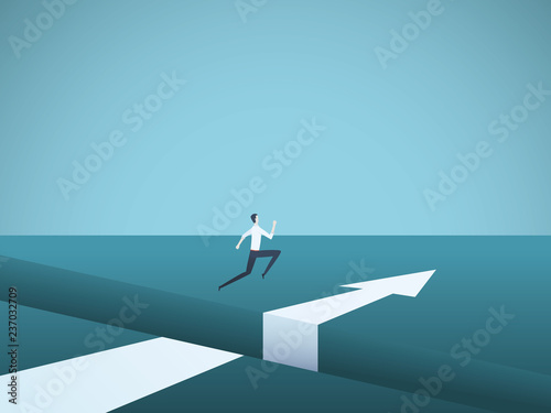 Businessman jumping over gap vector concept. Symbol of finding solution, success, motivation, ambition and challenge.