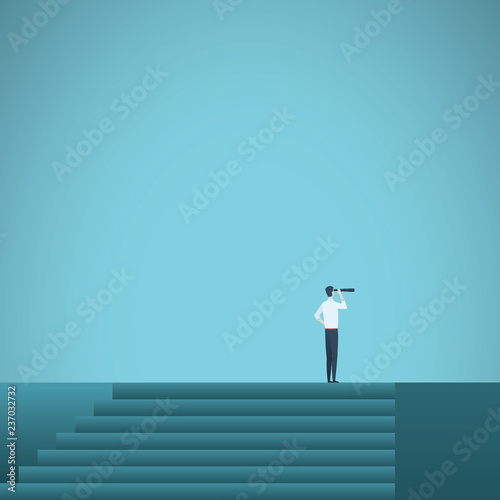 Businessman standing on top of stairs looking at future through telescope. Symbol of success in business career, promotion, ambition and motivation.