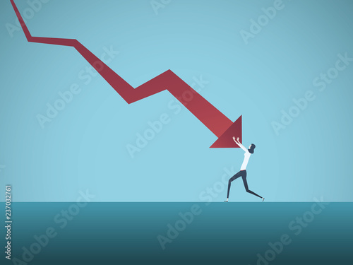 Bankrupt businesswoman pushed by downward arrow vector concept. Symbol of bankruptcy, failure, recession, crisis and financial losses on stock exchange market. photo