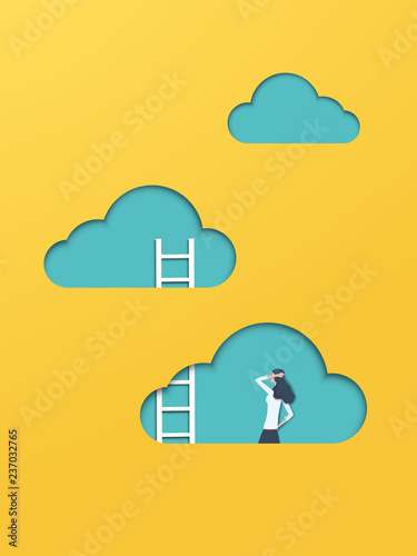 Business career corporate ladder climbing vector concept with businessman figure. Symbol of promotion, opportunity, challenge, achievement, motivation, ambition,