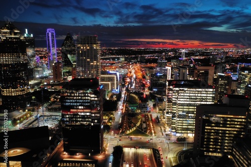 Aerial view of downtown Dallas Texas at night 