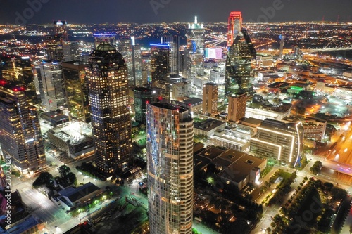 Aerial view of downtown Dallas Texas at night