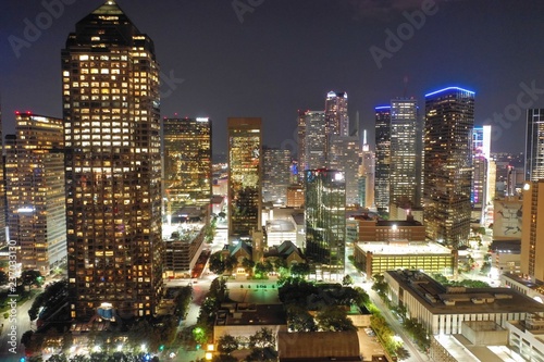 Aerial view of downtown Dallas Texas at night