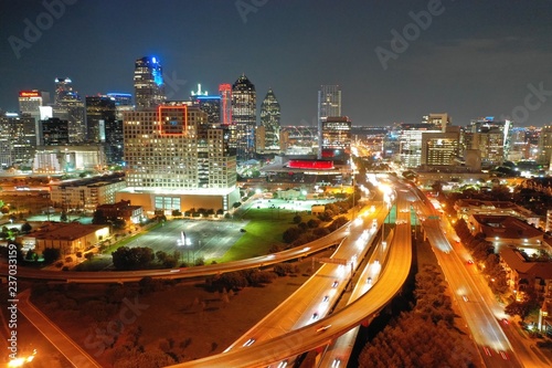 Aerial view of downtown Dallas Texas at night 