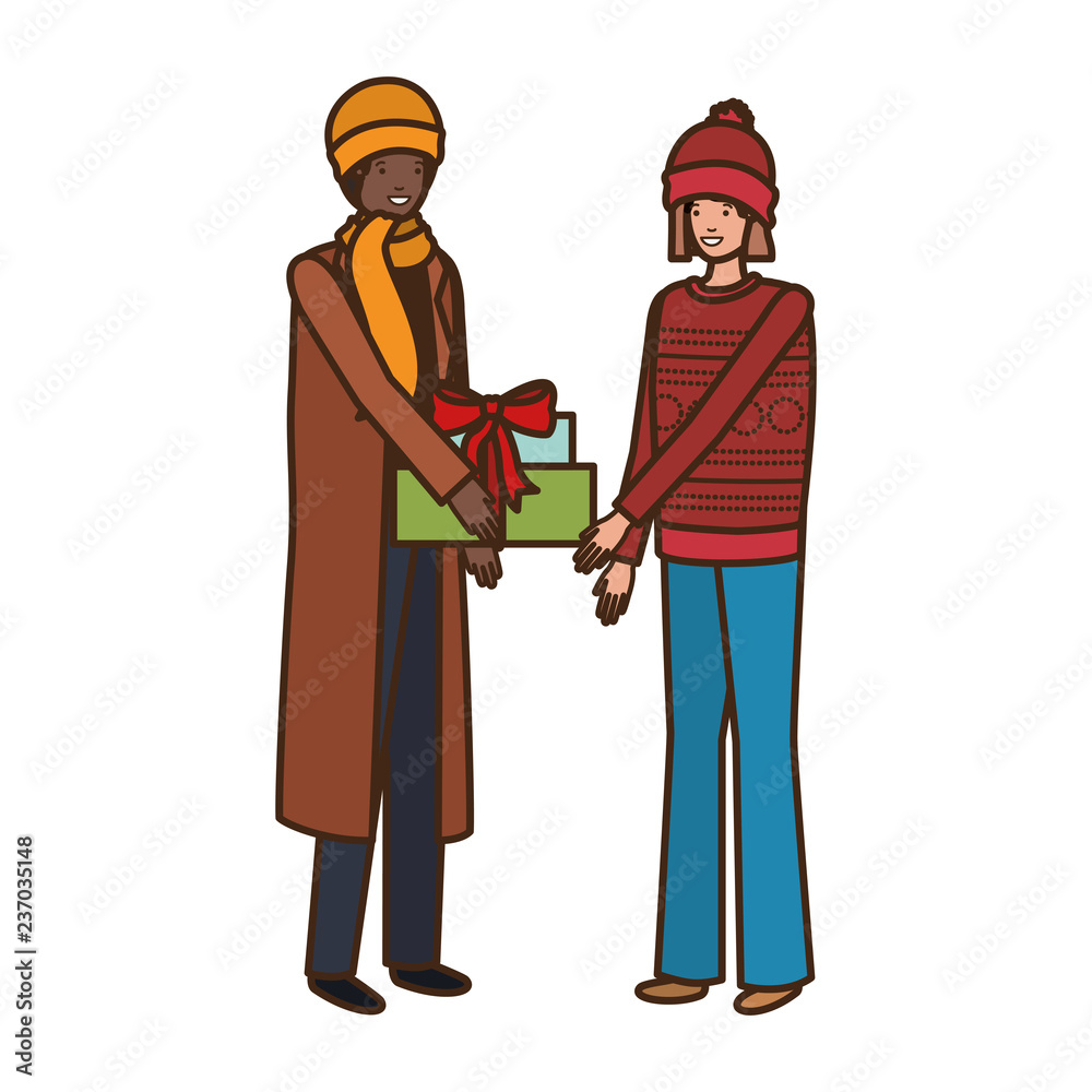 young couple with gift box avatar character young couple with gift box avatar character