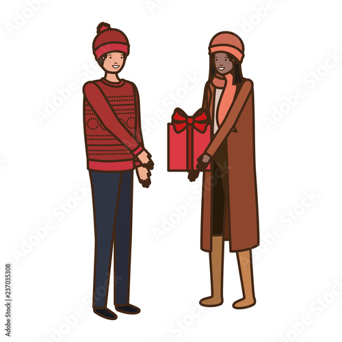 young couple with gift box avatar character