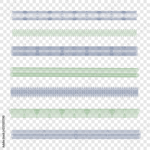 Guilloche. Edge, border, frame. Set. Design element. Can be used for diploma, certificate, banknotes. On a transparent background.