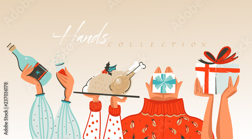 Hand drawn vector abstract Merry Christmas and Happy New Year cartoon illustrations greeting collection set with celebrating people hands isolated on white background