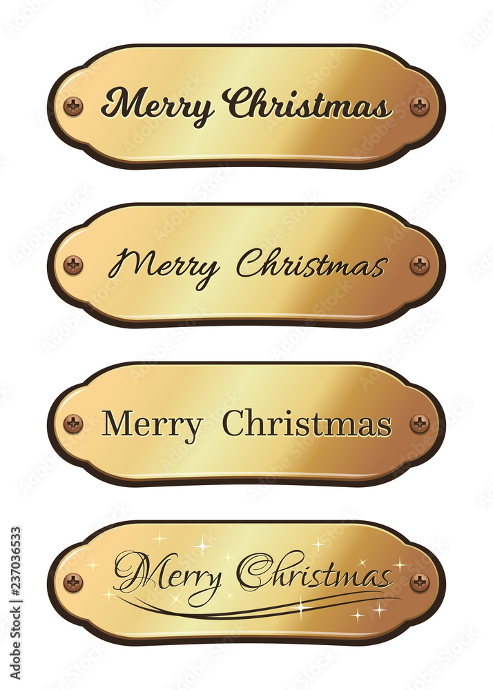 Obraz premium Merry Christmas lettering design set. Gold badge with congratulatory inscription. Gold sign collection elements for greeting cards, invitations and other items. Vector illustration