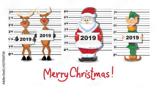 Christmas greeting card with cartoon Santa Claus and elf holding the poster with 2019 and hand drawn text Merry Christmas