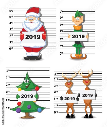 Christmas greeting card with cartoon Santa Claus, christmas tree, deers and elf holding the poster with 2019 and hand drawn text Merry Christmas