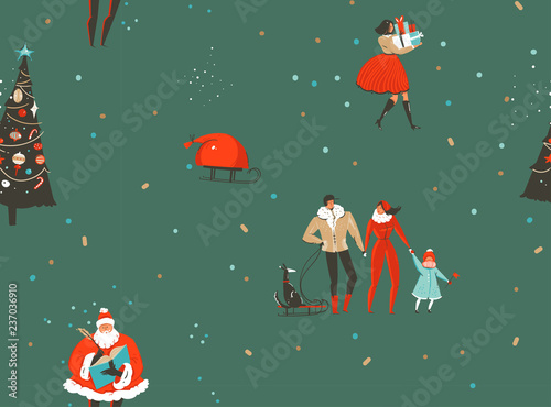 Hand drawn vector abstract fun Merry Christmas and Happy New Year time cartoon rustic nordic seamless pattern with cute illustrations of Xmas people and Santa Claus isolated on green background