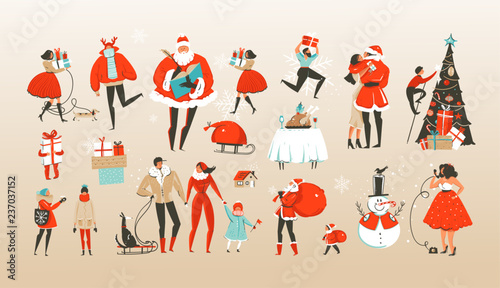 Hand drawn vector abstract Merry Christmas and Happy New Year cartoon illustrations greeting collection set with celebrating people characters,Santa Claus and xmas tree isolated on white background