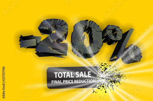20% sale black sign with exploding plate. Vector illustration. Yellow background