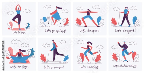 Vector illustrations of Healthy lifestyle. Roller skate, bicycle, walking and skating sport design elements in flat style - Vector