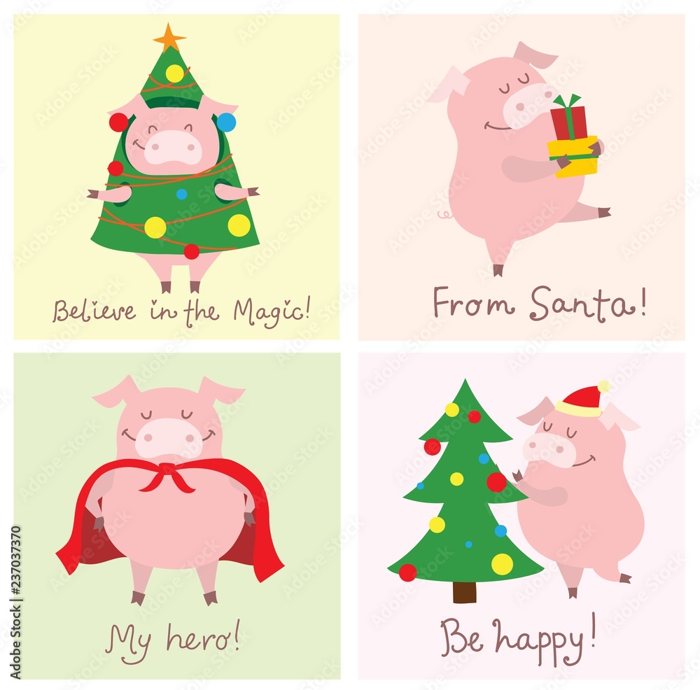 Fototapeta premium Vector illustration cards with the symbol of the year - yellow pig with christmas gifts and funny hand drawn christmas greeting