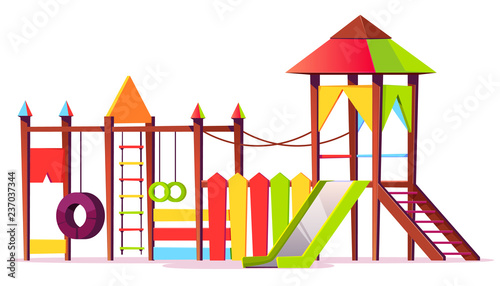 Vector bright playground for children. Game area with ropes, slide, housetop isolated on white background. Cartoon construction for kids recreation outside, in park. Colorful object for amusement.