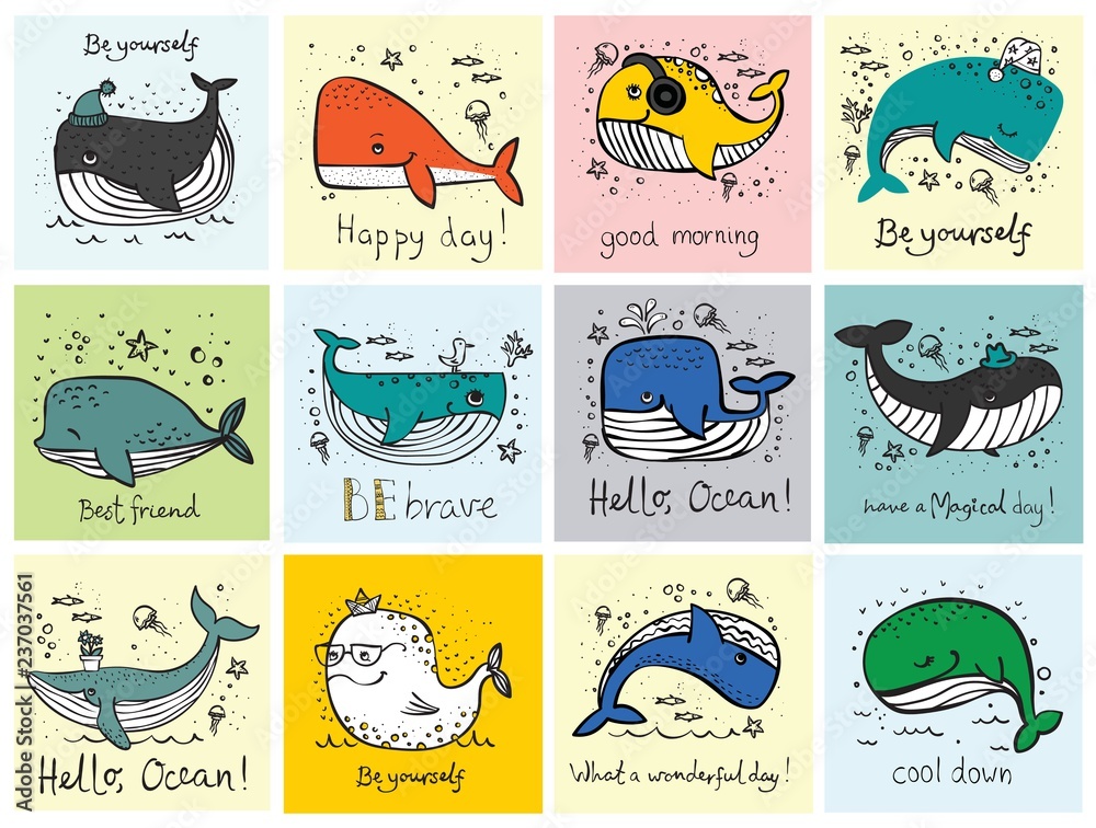 Fototapeta premium Wektor ilustracja karty z cute doodle oceanów zamieszkujących wieloryby w kolorze i zabawny cytat motavation - wektor