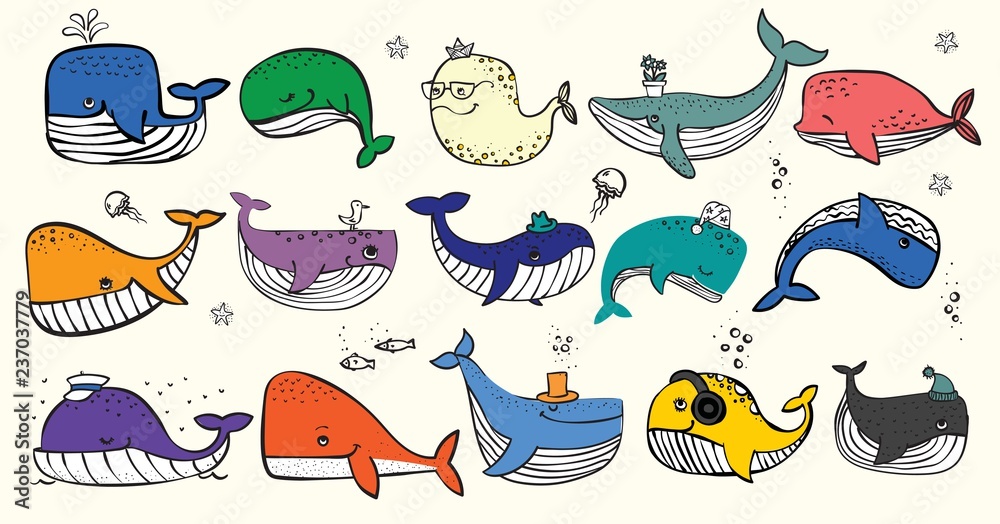 Vector illustration with cute doodle ocean whales in color and other sea inhabitans - Vector