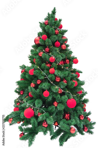 Christmas tree with red balls on isolated white background.