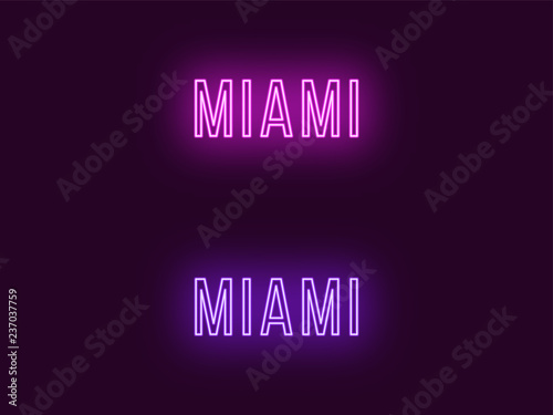 Neon name of Miami city in USA. Vector text
