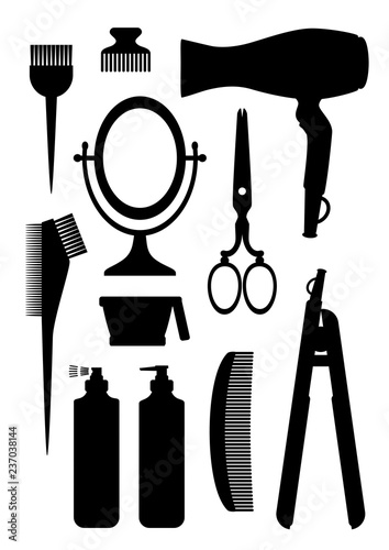 Hairdresser tools icons set. Silhouette hairdressing tools. Hair salon concept. Hair cut. Vector illustration.