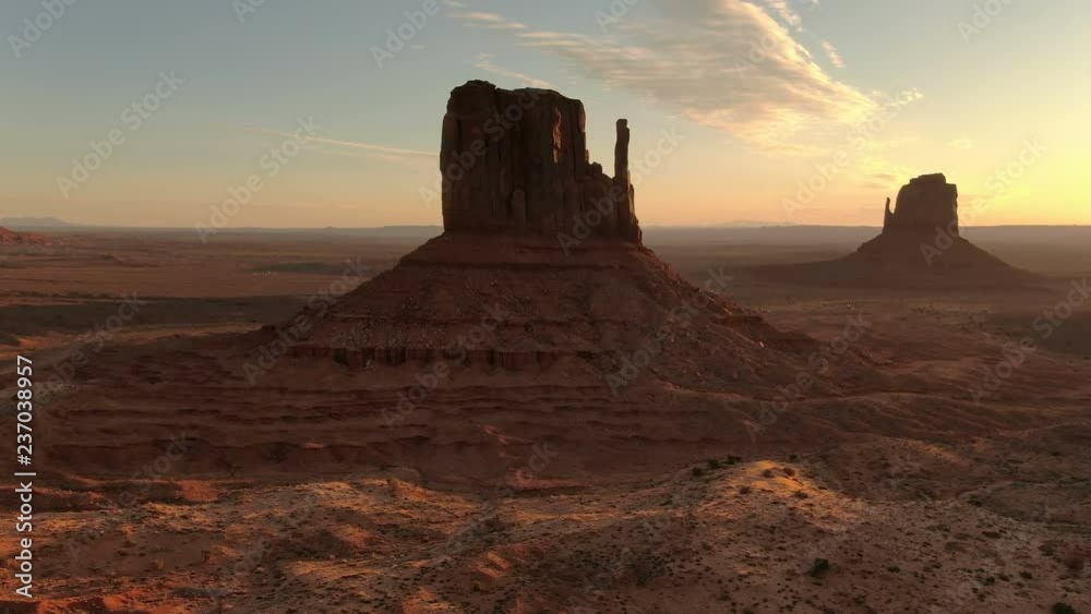 Monument Valley Sunrise West and East Mitten Butte Aerial Telephoto Shot Arizona and Utah USA Monument Valley Sunrise West and East Mitten Butte Aerial Telephoto Shot Arizona and Utah USA