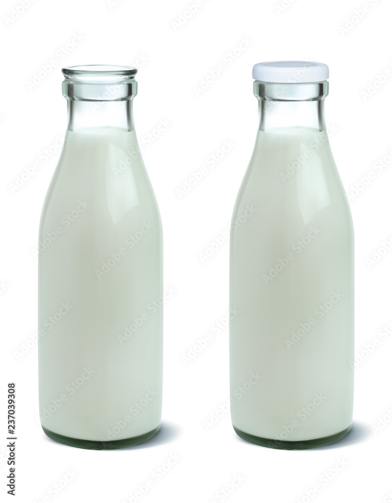 Filled unopened and opened milk bottle isolated on white. Realistic vector 3d illustration Filled unopened and opened milk bottle isolated on white. Realistic vector 3d illustration