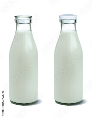 Filled unopened and opened milk bottle isolated on white. Realistic vector 3d illustration