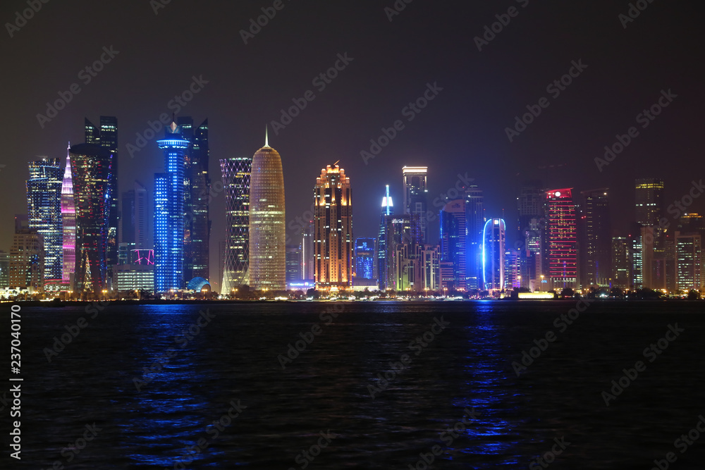  Financial centre in Doha city at night, Qatar